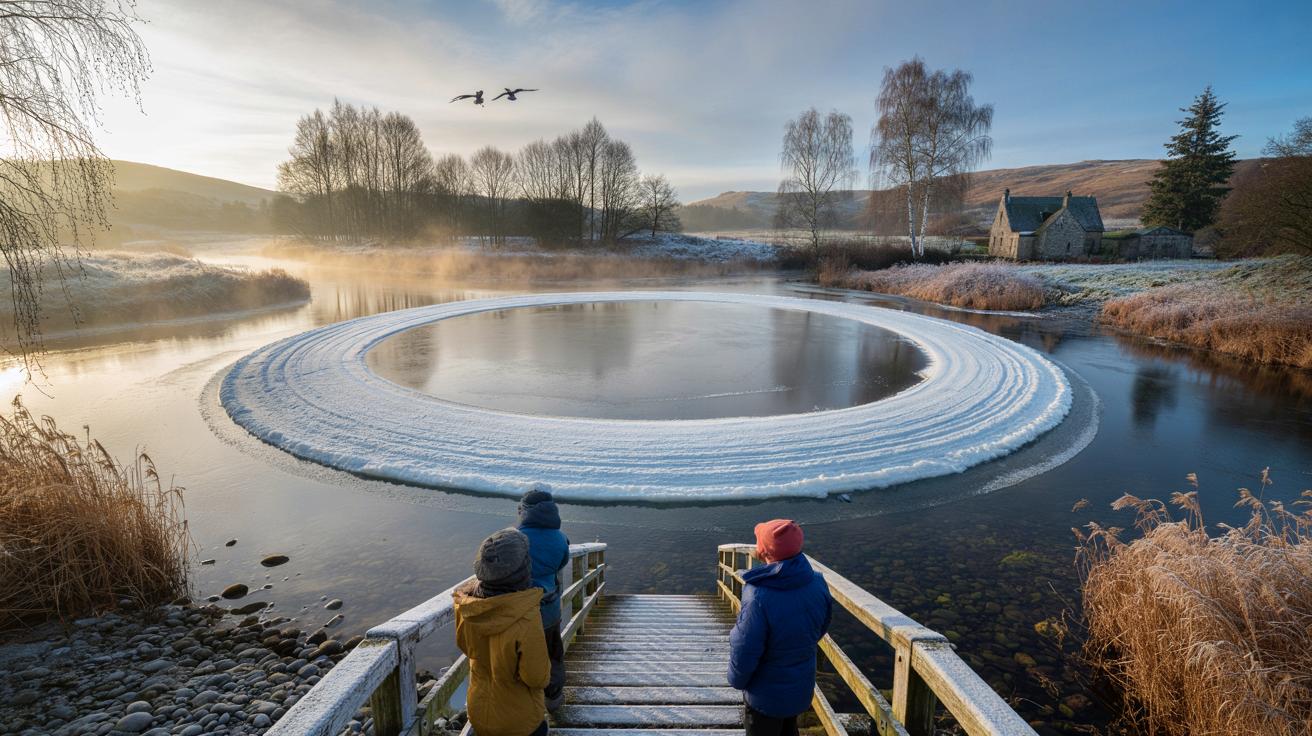 Rare Sighting: Giant "Ice Circles" spotted on a Scottish river as temperatures plummet.
